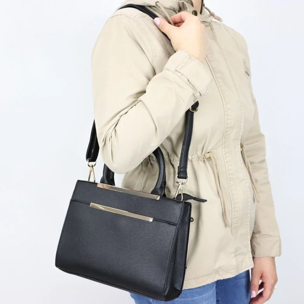 Black Faux Leather Purse Tote Cross Body Shoulder Hand Bag - Picture 8 of 12